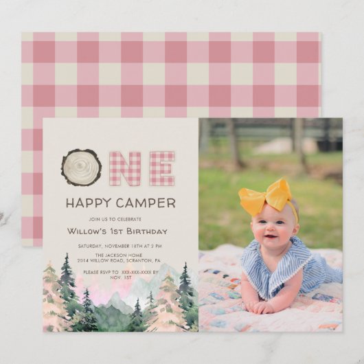 Invitation Baby Girl Rustic One Happy Camper Anniversaire (Devant / Derrière)