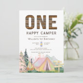 Invitation Baby Girl Rustic One Happy Camper Anniversaire (Debout devant)