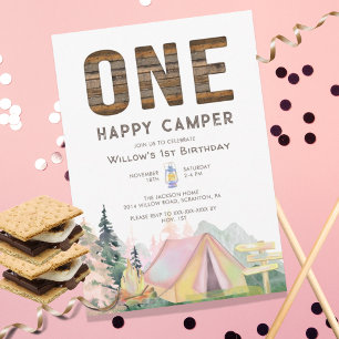 Invitation Baby Girl Rustic One Happy Camper Anniversaire