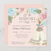 Invitation Baby Girl Shower Adventure Begin Teepee w Rose (Devant / Derrière)