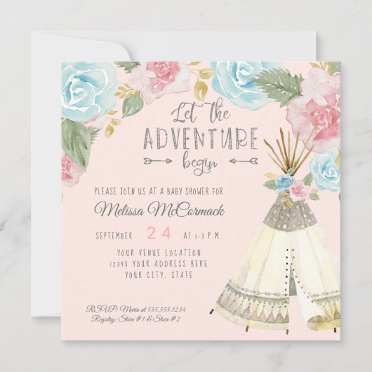 Invitation Baby Girl Shower Adventure Begin Teepee w Rose (Devant)