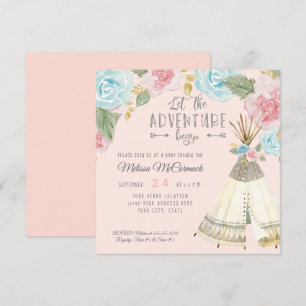 Invitation Baby Girl Shower Adventure Begin Teepee w Rose