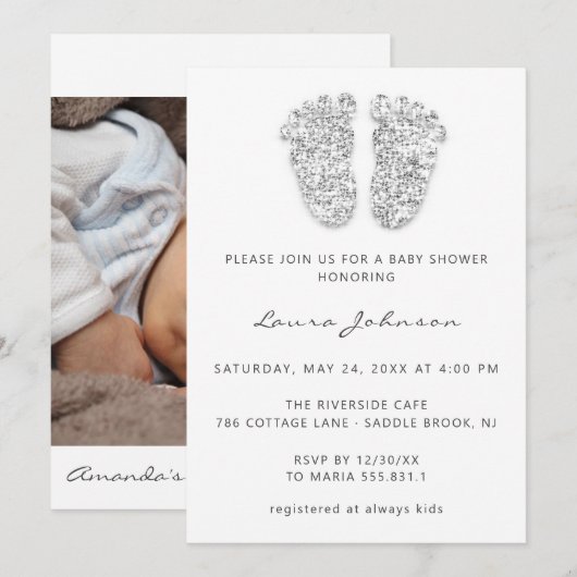 Invitation Baby Girl Shower Feet Glitter White Gray (Devant / Derrière)