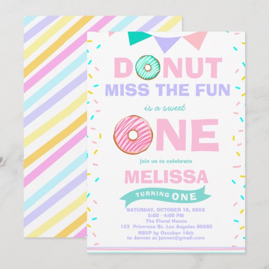 Invitation Baby Girl Sprinkings Anniversaire Donut Miss The F (Devant / Derrière)