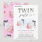 Invitation *~* Baby Girl SPRINKLE Twins Stork (Devant / Derrière)