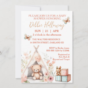 Invitation Baby Girl Teddy Bear in Teepee Baby shower