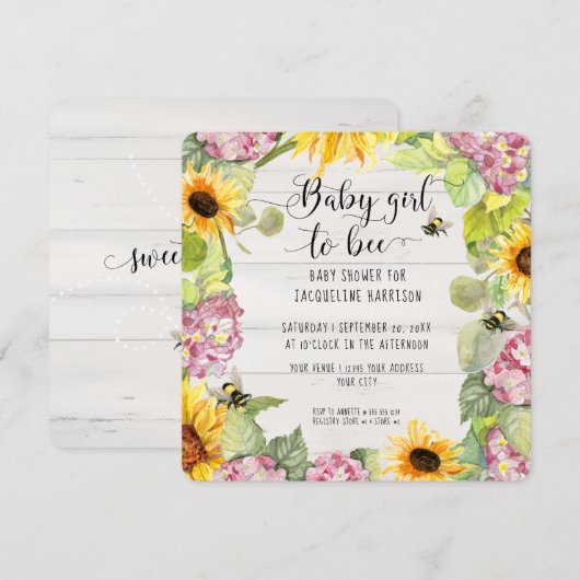 Invitation Baby Girl to Bee tournesol rose Hydrangeas douche (Devant / Derrière)