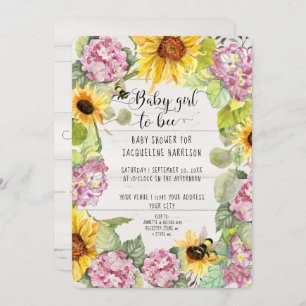 Invitation Baby Girl to Bee tournesol rose Hydrangeas douche