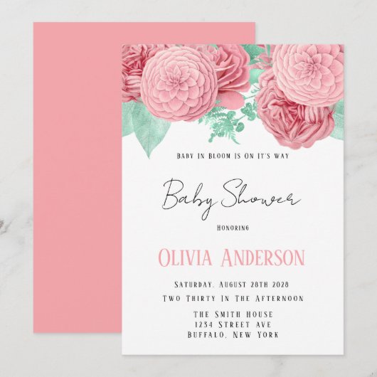 Invitation Baby in Bloom Baby Shower Fleur de Pivoine Rose (Devant / Derrière)