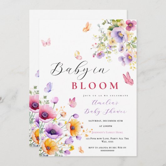 Invitation Baby in Bloom Baby shower papillon Fleur sauvage (Devant / Derrière)