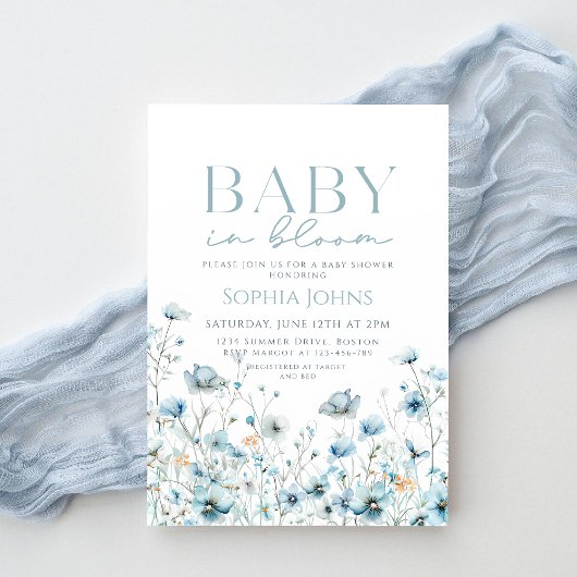 Invitation Baby In Bloom bleu fleur sauvage Baby shower garço