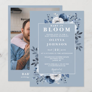 Invitation Baby In Bloom Bleu Poussiéreux Fleurs Photo Baby S