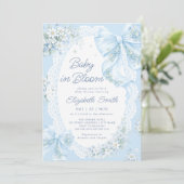 Invitation Baby in Bloom Blue Bow Floral Boy Baby Shower (Debout devant)