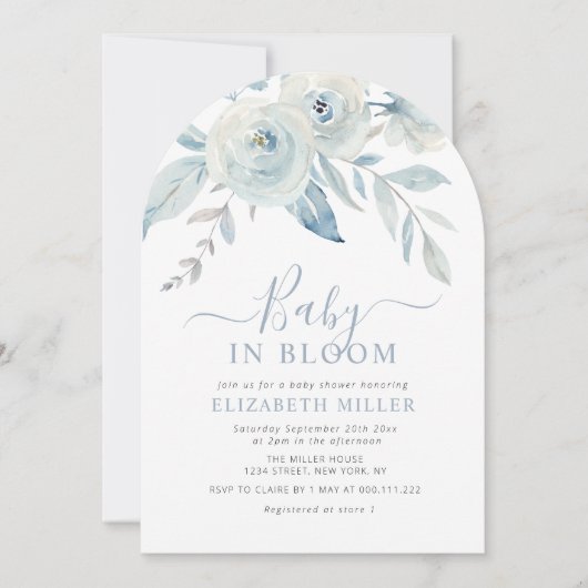 Invitation Baby in bloom blue floral baby shower (Devant)