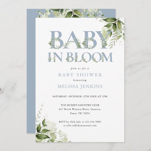 Invitation Baby In Bloom Blue Greenery All In One Baby Shower (Devant / Derrière)