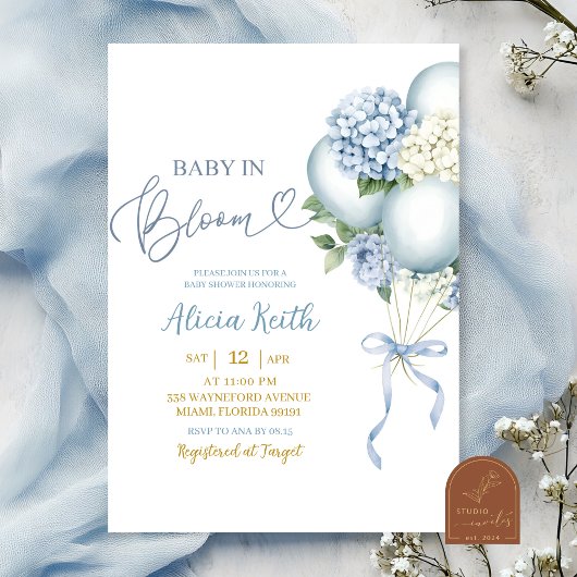 Invitation Baby In Bloom Blue Hydrangea Balloon Baby Shower