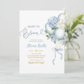 Invitation Baby In Bloom Blue Hydrangea Balloon Baby Shower (Debout devant)