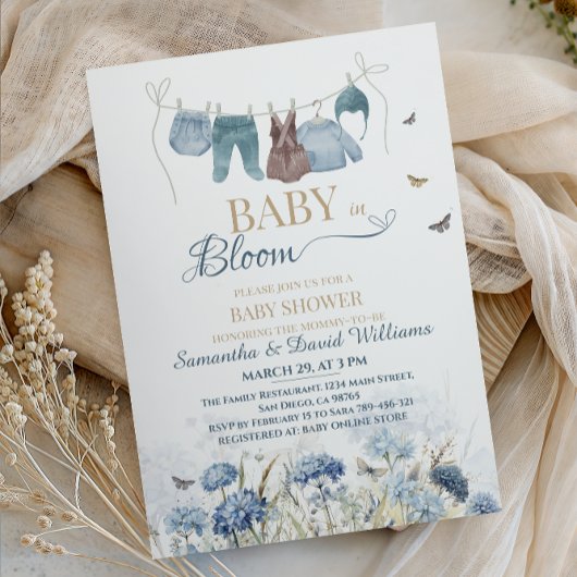 Invitation Baby in Bloom Blue Wildflower Clothesline