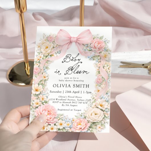 Invitation Baby in Bloom Blush Pink Bow Baby Shower