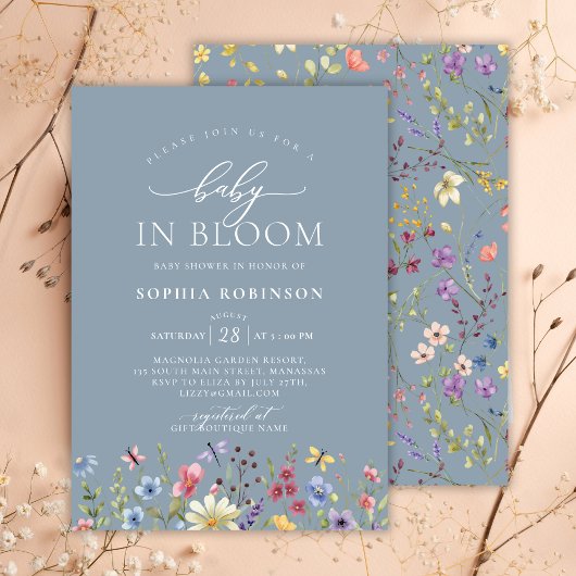 Invitation Baby in Bloom Boho Fleur sauvage Baby shower bleu