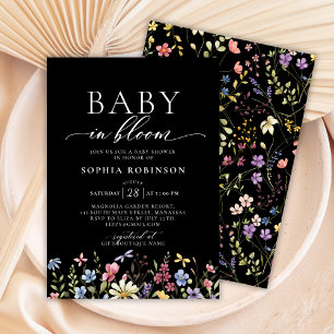Invitation Baby in Bloom Boho Fleur sauvage Baby shower noir