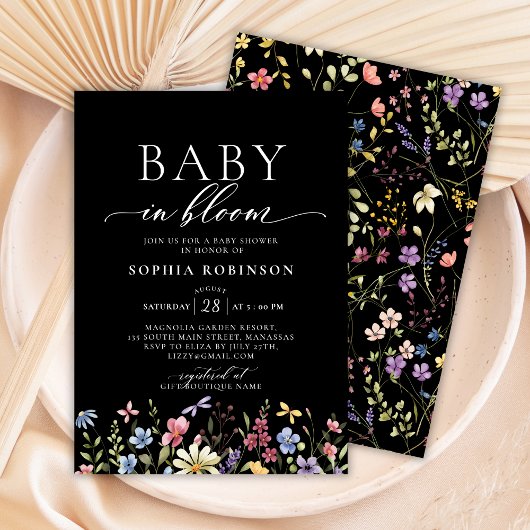 Invitation Baby in Bloom Boho Fleur sauvage Baby shower noir