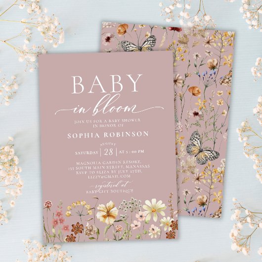 Invitation Baby in Bloom Boho Fleur sauvage Baby shower rose