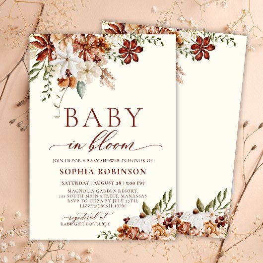 Invitation Baby in Bloom Boho Fleur sauvage Baby shower rusti