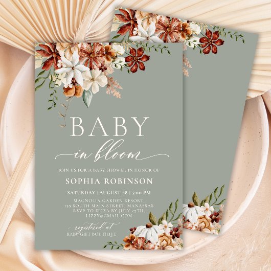 Invitation Baby in Bloom Boho Fleur sauvage Baby shower vert