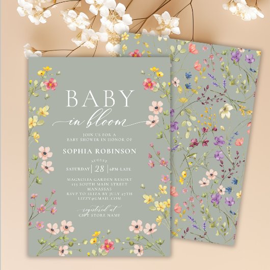 Invitation Baby in Bloom Boho Fleur sauvage Baby shower vert