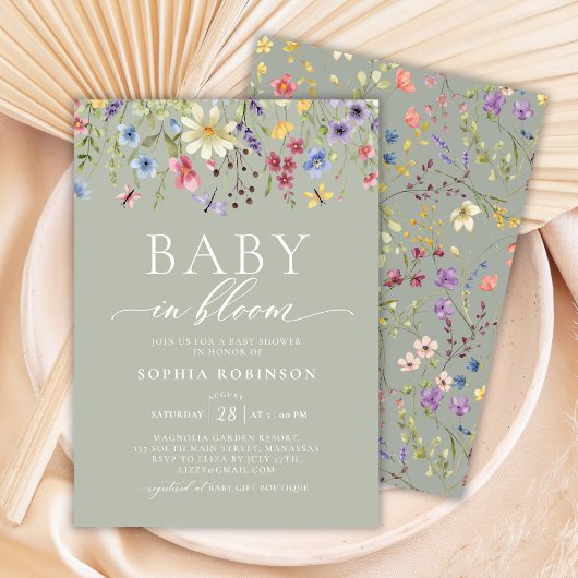 Invitation Baby in Bloom Boho Fleur sauvage Baby shower vert