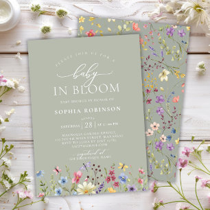 Invitation Baby in Bloom Boho Fleur sauvage Baby shower vert