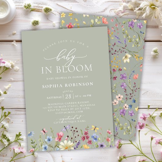 Invitation Baby in Bloom Boho Fleur sauvage Baby shower vert