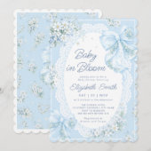 Invitation Baby in Bloom Bow Blue Floral Boy Baby Shower (Devant / Derrière)