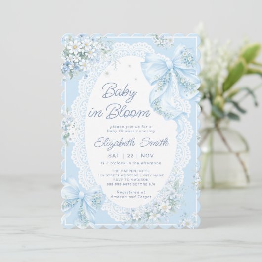 Invitation Baby in Bloom Bow Blue Floral Boy Baby Shower (Debout devant)