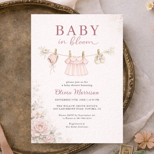 Invitation Baby in Bloom Clothesline Pink Bow Baby Shower