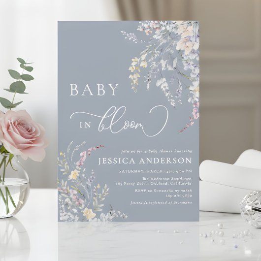 Invitation Baby In Bloom Dusty Blue Wildflower Baby Shower 