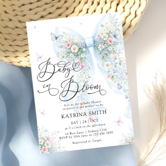 Invitation Baby in Bloom Elegant Blue Bow Baby Shower