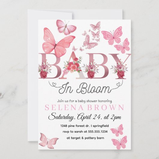 Invitation BABY In Bloom – Elegant Butterfly Baby Shower card (Devant)