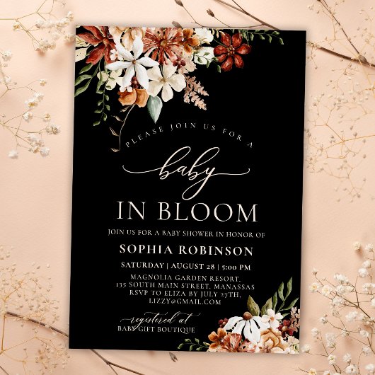 Invitation Baby in Bloom Fleur sauvage Baby shower noir