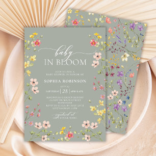 Invitation Baby in Bloom Fleur sauvage Boho Baby shower vert 