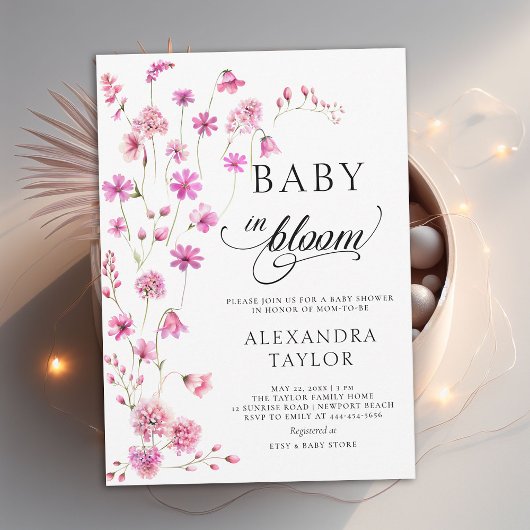 Invitation Baby in Bloom Fleur sauvage Script Baby Girl Douch