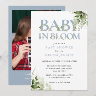 Invitation Baby In Bloom Fleurs de bébé poussiéreuses en bleu