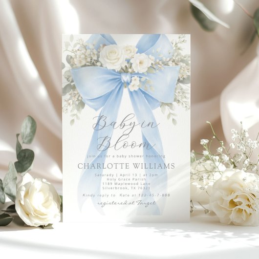Invitation Baby in Bloom Floral Blue Bow Baby Shower