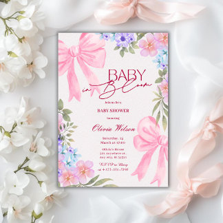 Invitation Baby in Bloom Floral Pink Bow girl baby Shower