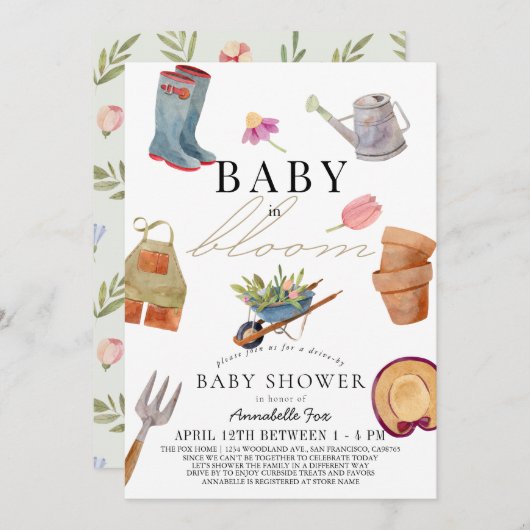 Invitation Baby in Bloom Gardening Tools Baby shower Drive-by (Devant / Derrière)