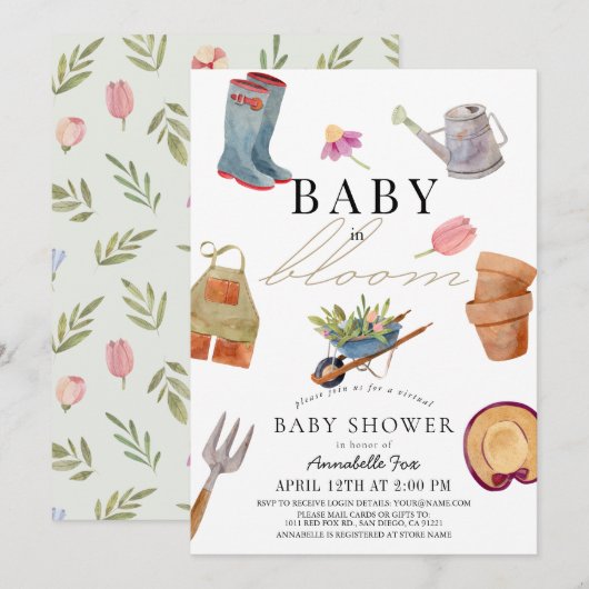 Invitation Baby in Bloom Gardening Tools Baby shower virtuel (Devant / Derrière)