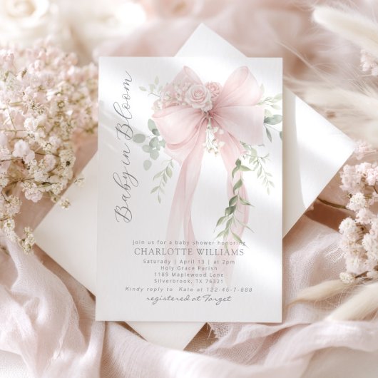 Invitation Baby in Bloom Greenery Bow Elegant Baby shower