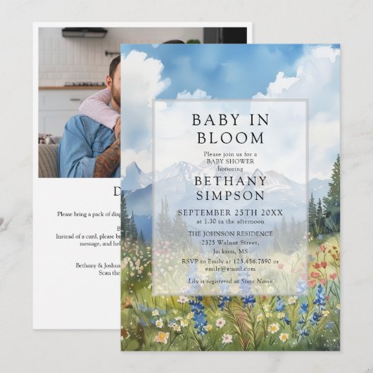 Invitation Baby In Bloom Mountain Photo QR Code Baby Shower (Devant / Derrière)