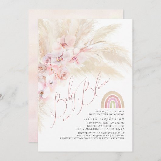Invitation Baby in Bloom Pampas Baby shower arc-en-ciel en he (Devant / Derrière)
